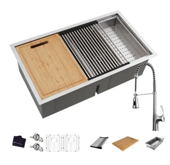 Glacier Bay All-in-One Undermount Stainless Steel 33 In. 50/50 Double Bowl Workstation Kitchen Sink With Faucet And Accessories 1 Glacier Bay All-in-One Undermount Stainless Steel 33 In. 50/50 Double Bowl Workstation Kitchen Sink With Faucet And Accessories