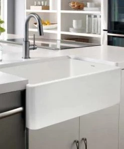 HOUZER Platus Series Farmhouse Apron Front Fireclay 33 In. Single Bowl Kitchen Sink In White Sinks