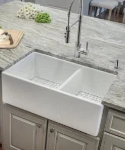 IPT SINK COMPANY Farmhouse Apron Front Fireclay 33 In. 60/40 Double Bowl Kitchen Sink In White