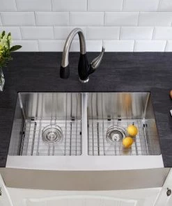 Glacier Bay Farmhouse Apron Front Stainless Steel 33" X 21" X 11" Double Bowl Sink Kit Sinks