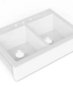 SINKOLOGY Josephine Quick-Fit Drop-in Farmhouse Fireclay 33.85 In. 3-Hole Double Bowl Kitchen Sink In Crisp White