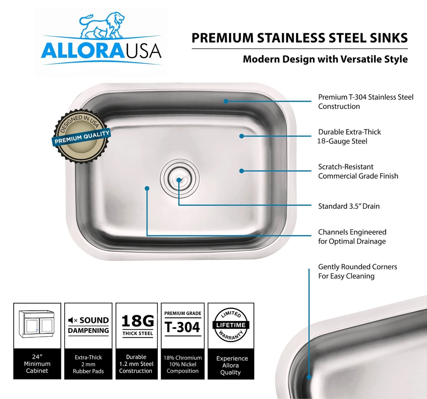 Sinks Allora USA - ADA-2718 - 27" X 18" X 5 1/2" Undermount Single Bowl 18 Gauge Stainless Steel Kitchen Sink 5 Sinks Allora USA - ADA-2718 - 27" X 18" X 5 1/2" Undermount Single Bowl 18 Gauge Stainless Steel Kitchen Sink